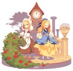  apron blonde_hair blue_eyes cinderella clock closed_eyes commentary dav-19 dress dual_persona flower hair_flower hair_ornament hat long_hair lowres multiple_girls pixel_art skirt_hold transparent_background watering watering_can 