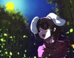  1girl animal_ears berabou black_hair blurry bunny_ears carrot carrot_necklace depth_of_field dress extra_ears full_moon inaba_tewi moon night open_mouth pink_dress red_eyes short_hair solo star_(sky) touhou 