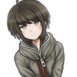  ahoge blush brown_hair cosplay danganronpa green_eyes hood hoodie imo_(kong) komatsuzaki_rui_(style) looking_at_viewer naegi_komaru naegi_makoto naegi_makoto_(cosplay) official_style short_hair smile solo zettai_zetsubou_shoujo 