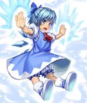  bloomers blue_eyes blue_hair blush boots bow cirno dress fang h_kasei hair_bow ice open_mouth outstretched_arms short_hair sketch smile solo spread_arms touhou underwear wings 