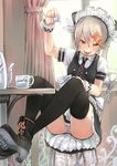  :p blonde_hair boots brown_eyes chair cup dress fu-ta hair_ornament hairclip legs_up long_hair maid maid_headdress moe2015 original panties pantyshot pantyshot_(sitting) pouring sitting solo striped striped_panties table teacup teapot thighhighs tongue tongue_out twintails underwear usami_taiga wrist_cuffs 