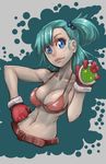  aqua_hair belt bikini_top blue_eyes breasts bulma cleavage dragon_ball dragon_ball_(classic) dragon_radar gloves long_hair medium_breasts one_side_up red_gloves smile solo underboob upper_body whistle_frog 