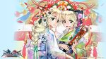  2girls blonde_hair blue_eyes braid cassandra_alexandra copyright_name green_eyes logo long_hair multiple_girls official_art sisters smile sophitia_alexandra soul_calibur soulcalibur:_lost_swords yukata 