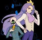  arm_behind_back black_background dark_eye double-breasted earrings english gloves green_eyes hand_on_hip jewelry kaitou_joker kaitou_spade l_hakase long_hair purple_eyes purple_hair simple_background spade_(shape) spade_earrings vest 