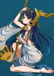  armlet ass bare_legs barefoot blue_background blush breasts covered_nipples doushimasho dress egyptian feet full_body hair_tubes hairband holding holding_staff isis_(p&amp;d) jewelry long_hair looking_at_viewer medium_breasts puzzle_&amp;_dragons sideboob solo staff tiara very_long_hair white_dress 