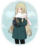 afuro_terumi blush coat inazuma_eleven inazuma_eleven_(series) l_hakase long_hair looking_at_viewer male_focus mittens open_mouth orange_eyes scarf solo very_long_hair winter 