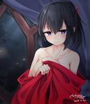  2015 absurdres black_hair blue_eyes breasts dated hair_ornament hairclip highres large_breasts naked_sheet original otokuyou ponytail short_hair solo 