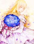  aldnoah.zero asseylum_vers_allusia bare_shoulders blonde_hair blue_flower blue_rose bouquet dress flower petals rose spike_(fluffyspiky) veil 