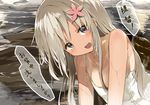  bare_shoulders blonde_hair blue_eyes flower hair_flower hair_ornament kantai_collection long_hair md5_mismatch naked_towel onsen ro-500_(kantai_collection) solo towel translated yuui_hutabakirage 