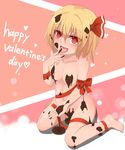  barefoot blonde_hair blush breasts chocolate convenient_censoring hair_ribbon highres ichinen_konto long_hair naked_chocolate navel nude open_mouth red_eyes ribbon rumia short_hair small_breasts smile solo touhou valentine 