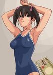  1girl armpits arms_behind_head arms_up black_eyes black_hair breasts covered_navel erect_nipples money one-piece_swimsuit prostitution short_hair solo standing swimsuit tagme tomoshiki twintails 