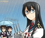  3girls ahoge black_hair black_serafuku blue_eyes dated glasses hail hair_flaps hairband hamu_koutarou kantai_collection multiple_girls neck_ribbon necktie ooyodo_(kantai_collection) rain ribbon sailor_collar school_uniform serafuku shigure_(kantai_collection) smile smoke umbrella ushio_(kantai_collection) wavy_mouth 