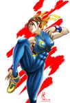  abs absurdres alternate_costume bodystocking brown_hair chun-li double_bun fighting_stance grey_eyes hair_ribbon highres hirokazu_kobayashi lips muscle ribbon shoes short_hair skin_tight sleeveless sneakers solo standing standing_on_one_leg street_fighter street_fighter_zero_(series) studded_bracelet thick_thighs thighs vest 