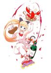  alcohol blonde_hair blue_eyes blush bottle bow dress elbow_gloves food fork fruit gloves hair_bow lemon lemon_slice lobster long_hair original plate ponytail roller_skates seguchi_takahiro shrimp skates smile solo steak thighhighs very_long_hair wine wine_bottle wrist_cuffs 