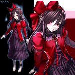  black_hair blush bow hair_bow long_hair looking_at_viewer multiple_views nyamota original pointy_ears red_eyes 