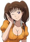  breasts brown_hair cleavage diane_(nanatsu_no_taizai) highres hiyocco large_breasts leotard long_hair nanatsu_no_taizai official_style one_eye_closed orange_leotard purple_eyes smile solo twintails upper_body white_background 