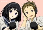  1girl black_hair brown_eyes brown_hair chitanda_eru fukube_satoshi headphones hyouka long_hair microphone official_style purple_eyes rito453 school_uniform serafuku short_hair 