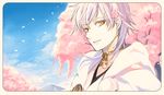  bad_id bad_pixiv_id cherry_blossoms cloud day face looking_at_viewer male_focus obo outdoors parted_lips pink_hair sky solo touken_ranbu tree tsurumaru_kuninaga upper_body yellow_eyes 