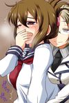  blonde_hair blush breasts brown_hair commentary covering_mouth fingering folded_ponytail glasses highres inazuma_(kantai_collection) kantai_collection katori_(kantai_collection) medium_breasts multiple_girls neckerchief nishi_koutarou one_eye_closed sailor_collar tears yuri 