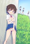  blue_eyes blush borrowed_character breasts brown_hair caburi crotchless_panties day exhibitionism looking_at_viewer masturbation multiple_girls nipples no_bra outdoors panties public_nudity school_uniform self_fondle short_hair small_breasts solo_focus stealth_masturbation striped striped_panties underwear 