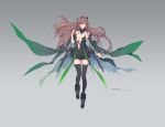  1girl bangs bare_shoulders black_dress black_footwear black_legwear boots breasts brown_hair cape character_request cleavage closed_mouth collarbone dress eyebrows_visible_through_hair floating_hair green_cape grey_background hand_up large_breasts long_hair looking_at_viewer pixiv_fantasia_last_saga purple_eyes short_dress sleeveless sleeveless_dress solo swd3e2 thighhighs thighhighs_under_boots torn_cape torn_clothes translation_request very_long_hair 