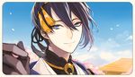  architecture bad_id bad_pixiv_id blue_eyes blurry building cherry_blossoms closed_mouth cloud day depth_of_field east_asian_architecture face looking_at_viewer male_focus mikazuki_munechika obo outdoors sky smile solo touken_ranbu upper_body 
