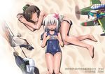  brown_hair daidai_ningen fairy_(kantai_collection) flower hair_flower hair_ornament i-401_(kantai_collection) kantai_collection long_hair lying multiple_girls on_back on_side one-piece_swimsuit ponytail ro-500_(kantai_collection) school_swimsuit seiran_(kantai_collection) short_hair short_ponytail sleeping swimsuit swimsuit_pull tan tanline topless translation_request 