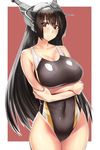  1girl black_hair blush breasts cowboy_shot kantai_collection large_breasts long_hair looking_at_viewer nagato_(kantai_collection) outside_border standing swimsuit wamwam 