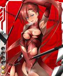  :o arm_up armpit armpits bangs blue_eyes blush bodysuit breasts breasts_outside breath card_(medium) chains checkered checkered_background cleavage cleavage_cutout covering covering_crotch cowboy_shot defeated dual_wielding elbow_gloves fishnet fishnets gara_ayuri gloves heavy_breathing holding holding_weapon kusarigama lilith-soft long_hair looking_at_viewer midriff moaning mound_of_venus ninja nipples nose_blush official_art open_mouth pussy_juice raised_eyebrows red_background red_hair ribbon scythe shiny shiny_clothes shishide_ryuuko sickle side_ponytail side_tail solo standing taimanin_asagi taimanin_asagi_battle_arena thighs tights torn_bodysuit torn_clothes turtleneck very_long_hair weapon 
