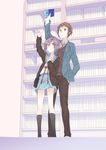  1girl blazer bookshelf brown_eyes brown_hair cardigan hand_in_pocket height_difference highres jacket kita_high_school_uniform kyon mido_(mimizuku-hukuro) nagato_yuki purple_hair school_uniform serafuku short_hair suzumiya_haruhi_no_yuuutsu sweater_vest 