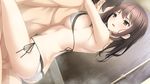  1girl :d ass back bath bathroom bikini bikini_aside blush breast_press breasts brown_eyes brown_hair censored dutch_angle from_side game_cg haru_kiss hetero large_breasts long_hair mikoto_akemi mosaic_censoring open_mouth penis sex shiraishi_aoi showering side-tie_bikini smile steam straddling swimsuit swimsuit_aside upright_straddle vaginal 