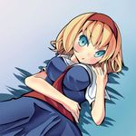  :o alice_margatroid bad_id bad_pixiv_id beckoning between_breasts blonde_hair blue_eyes blush breasts capelet dress gradient gradient_background hairband large_breasts lying neckerchief oimo_(imoyoukan) on_back sash short_hair solo touhou triangle_mouth tsurime v-shaped_eyebrows 