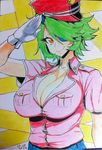  breasts gloves green_hair hat huge_breasts meme50 otonashi_kiruko police police_uniform policewoman shinmai_fukei_kiruko-san short_hair solo uniform 