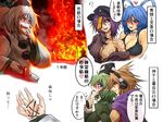  arson black_bra blue_hair bra brown_hair burning cape earmuffs fire gas_can green_hair hair_ornament hair_stick hat japanese_clothes kaku_seiga kariginu matchstick miyako_yoshika mononobe_no_futo multiple_girls off_shoulder ponytail purple_eyes purple_hair pyromania red_eyes ryuuichi_(f_dragon) soga_no_tojiko tate_eboshi touhou toyosatomimi_no_miko translation_request underwear white_hair yuri 