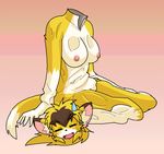  artist_reuqest breasts cat eyes_closed feline female fur head_unattaced kemono mammal nipples open_mouth yellow_fur 