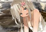  bare_shoulders blonde_hair blue_eyes flower hair_flower hair_ornament kantai_collection long_hair md5_mismatch naked_towel onsen ro-500_(kantai_collection) solo towel yuui_hutabakirage 