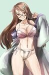  bare_shoulders black-framed_eyewear bra breasts brown_eyes brown_hair commentary_request fundoshi futatsuiwa_mamizou futatsuiwa_mamizou_(human) glasses grin groin japanese_clothes large_breasts leaf leaf_on_head long_hair looking_at_viewer navel open_clothes open_robe pink_bra robe smile solo touhou underwear yohane 