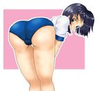  1girl ass bent_over blue_hair brown_eyes buruma crotch from_behind gym_uniform invitation light_smile looking_at_viewer looking_back love_hina maehara_shinobu outside_border pink_background pov_ass presenting shirt short_hair simple_background skindentation smile solo standing t-shirt thighs 