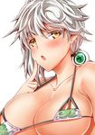  alternate_costume asymmetrical_hair bare_shoulders bikini blush braid breasts cloud_print covered_nipples finger_to_mouth hair_between_eyes jude_(minority_lilac) kantai_collection large_breasts micro_bikini sideboob silver_hair single_braid solo swimsuit underboob unryuu_(kantai_collection) upper_body wavy_hair yellow_eyes 