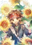  brown_eyes brown_hair flower gen_5_pokemon hat jacket joltik kyouhei_(pokemon) male_focus namie-kun open_mouth outdoors pokemon pokemon_(creature) pokemon_(game) pokemon_bw2 smile sunflower visor_cap 