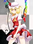  ascot blonde_hair bow checkered checkered_background flandre_scarlet hat hat_bow highres kurone laevatein looking_back red_eyes side_ponytail solo touhou wings 
