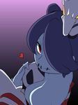  1girl bare_shoulders blue_skin breasts detached_sleeves female hair_over_one_eye heart leviathan_(skullgirls) looking_at_viewer red_eyes side_ponytail skullgirls squigly_(skullgirls) stitched_mouth zombie 