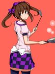  apron back blush bow brown_hair checkered checkered_skirt cooking cowboy_shot from_behind frying_pan hair_bow hat himekaidou_hatate himeshita_johnny_mafuyu long_hair looking_at_viewer looking_back open_mouth purple_eyes red_background skirt solo spatula thighhighs tokin_hat touhou twintails zettai_ryouiki 