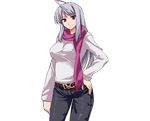  breasts casual genderswap king_of_fighters long_hair m.u.g.e.n muffler original_zero pants scarf shirt silver_hair solo zeroko 