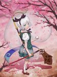  black_hairband blurry breasts brown_footwear cherry_blossoms collared_shirt depth_of_field ears frilled_skirt frills gen_6_pokemon green_skirt green_vest hairband highres holding holding_sword holding_weapon honedge king472296083 konpaku_youmu konpaku_youmu_(ghost) light_smile looking_to_the_side looking_up multiple_swords perspective petals poke_ball pokemon pokemon_(creature) puffy_short_sleeves puffy_sleeves ribbon shadow sheath sheathed shirt shoes short_hair short_sleeves skirt small_breasts socks solo sword touhou vest weapon white_hair wind 