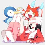  beanie black_eyes black_hair boots cat coat commentary_request fighting gen_4_pokemon grey_background gum_(gmng) haramaki hat hikari_(pokemon) jibanyan long_hair lying multiple_tails notched_ear on_back pink_footwear piplup pokemon pokemon_(creature) pokemon_(game) pokemon_dppt pokemon_platinum scarf tail thighhighs two_tails white_scarf winter_clothes winter_coat youkai youkai_watch 