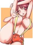  1girl aikatsu! breasts female flexible ichinose_kaede kinokoutarou kneepits large_breasts legs naked_suspenders red_eyes red_hair short_hair shorts solo wink 