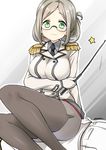  1girl absurdres admiral_(kantai_collection) black_legwear breasts commentary double-breasted epaulettes folded_ponytail glasses green_eyes highres kantai_collection katori_(kantai_collection) large_breasts looking_at_viewer miniskirt necktie pantyhose pointer ryuki_(ryukisukune) silver_hair sitting sitting_on_person skirt smile 
