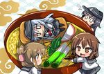  :d aburaage akatsuki_(kantai_collection) black_hair blush bowl brown_eyes brown_hair chibi chopsticks eating flower flying_sweatdrops folded_ponytail food hair_ornament hairclip hat hibiki_(kantai_collection) hibiscus ikazuchi_(kantai_collection) inazuma_(kantai_collection) kantai_collection kitsune_udon long_hair minigirl multiple_girls neckerchief noodles open_mouth oshiruko_(uminekotei) pantyhose ramen school_uniform serafuku short_hair silver_hair skirt smile spring_onion tofu 