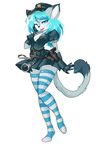  2015 anthro belt blue_eyes blue_hair breasts cat cleavage clothed clothing cuffs feline fur gloves hair hat legwear mammal one_eye_closed plain_background police stockings thuric tongue tongue_out tweedabop uniform white_fur 